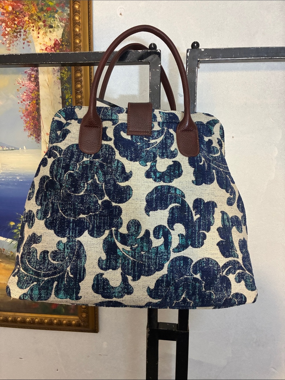 Blue Floral Brocade Purse Vintage Style Luxury - Picture 3 of 4